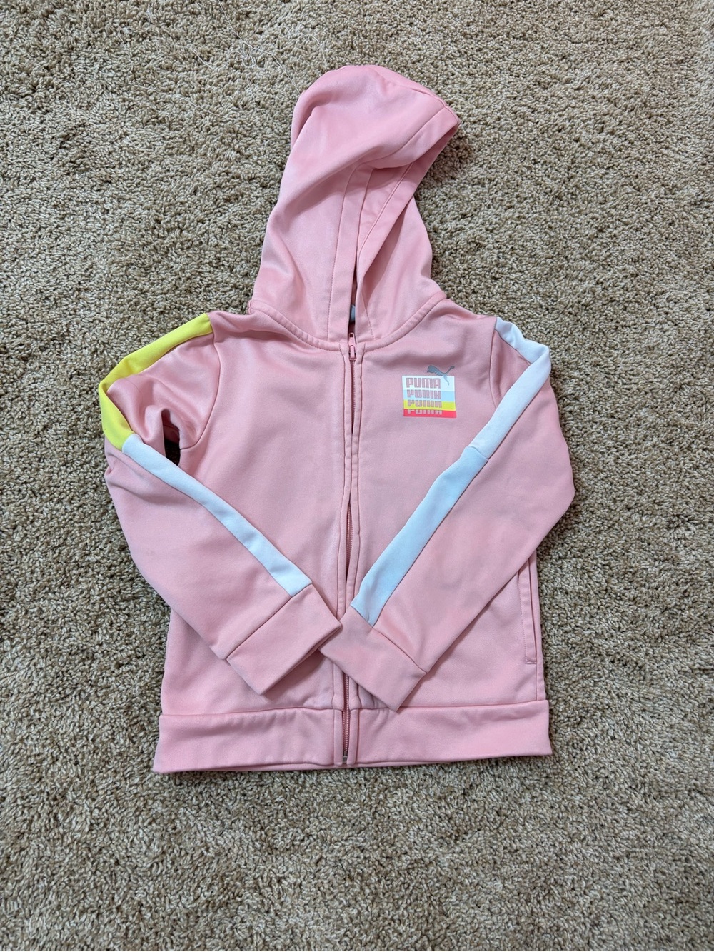 Puma Pink Hooded Zip Jacket with White Stripe and Yellow Accent